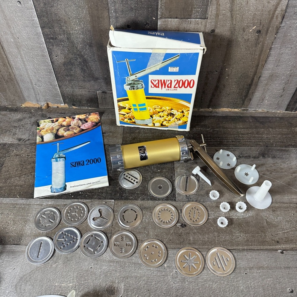 Vintage SAWA 2000 Deluxe Metal Cookie Press Decorator Gun w/Box Sweden